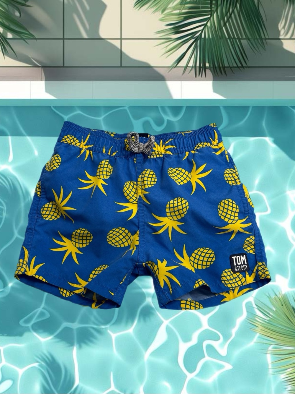 Tom & Teddy Boys Pineapple Swim Trunks Size 3/4 Blue Mesh Lined Beach
